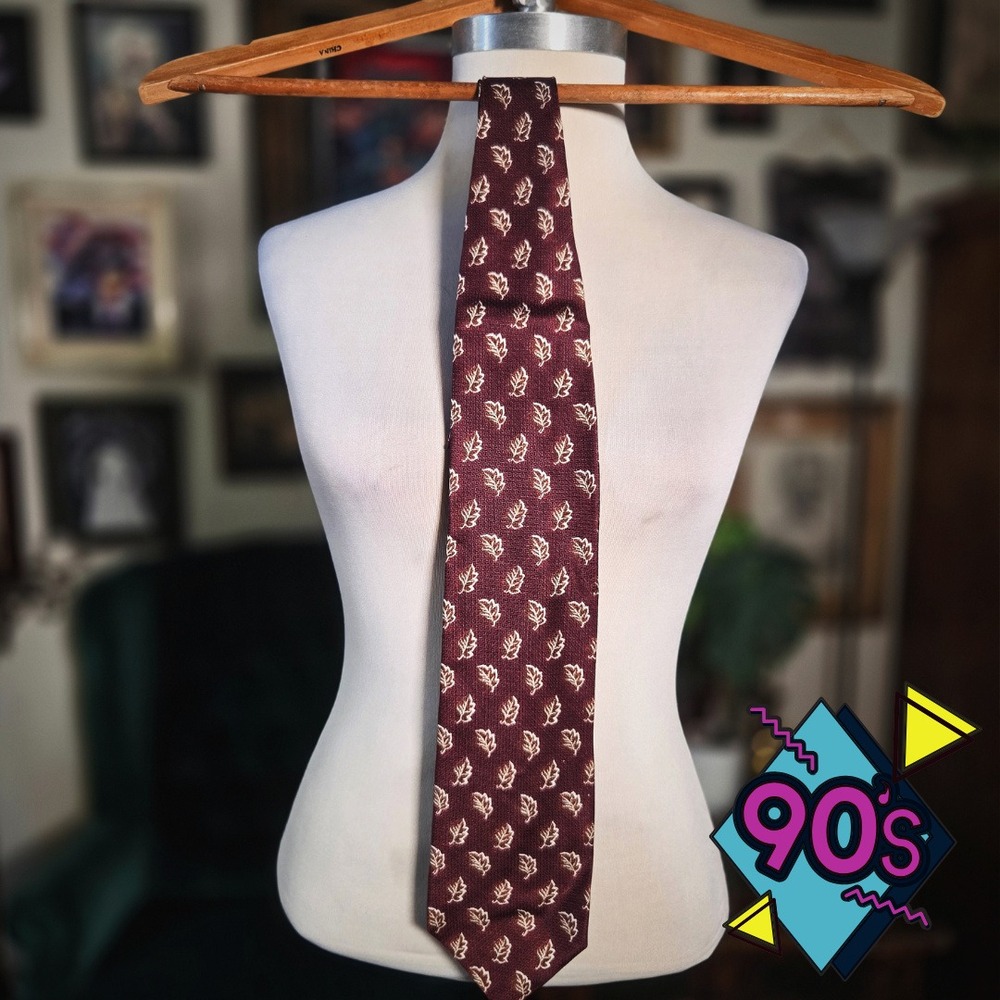 Structure Silk Tie Vintage 90s Burgundy Brown Leaf Pattern Mens Necktie USA Made